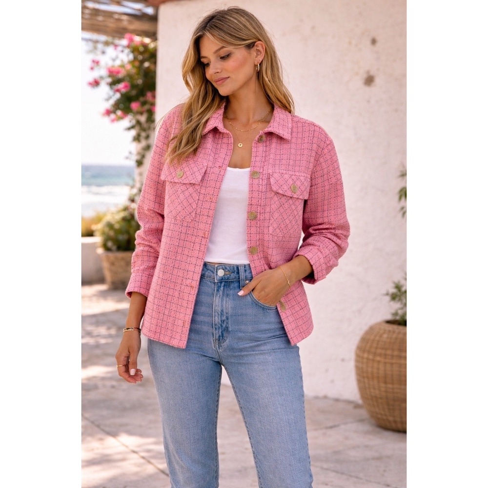VICI Pink Tweed Shacket Women M Button Front Plaid Preppy Chic Coquette Feminine